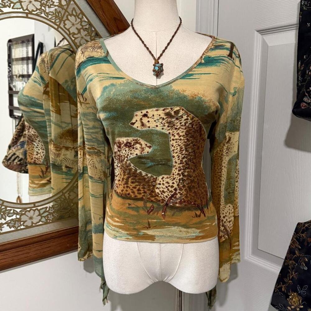 Y2K KAS Designs Yellow & Brown Leopard Graphic Beaded Long Bell Sleeve Crop Top